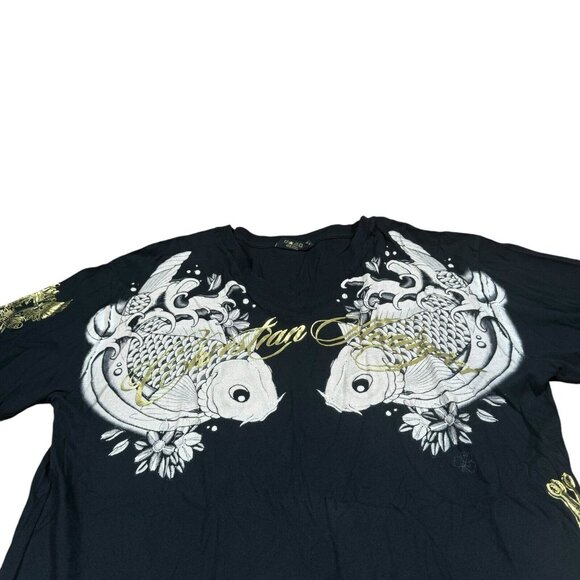 Christian Audigier RARE‎ Fish Print Black T-Shirt Sz XL V-Neck, Made in USA - Picture 2 of 12
